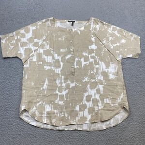 Oska Linen Shirt Womens 2 Beige White Abstract Blouse Short Sleeve Made Germany‎